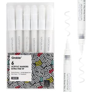 imageGrabie 6 White Extra Fine Tip Acrylic Paint Marker Set 6 Pack 07mm Acrylic Paint Pens for Highlights Highlight Markers 6 White Acrylic Markers6 White Acrylic Markers