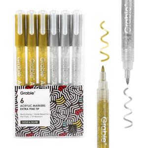 imageGrabie 6 White Extra Fine Tip Acrylic Paint Marker Set 6 Pack 07mm Acrylic Paint Pens for Highlights Highlight Markers 6 White Acrylic MarkersGoldSilver