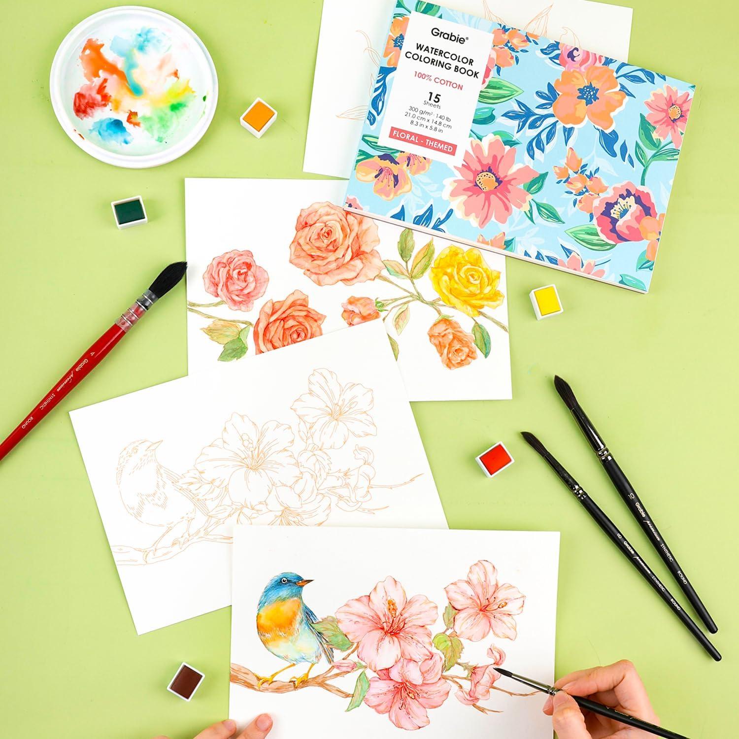 imageGrabie Watercolor Coloring Book 15 Sheets A5 83 x 58Watercolor Book for Adults Ignite Your Artistic Expression on 100 Cotton Paper OceanFloral