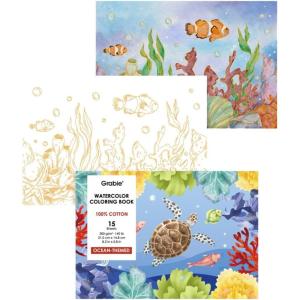 imageGrabie Watercolor Coloring Book 15 Sheets A5 83 x 58Watercolor Book for Adults Ignite Your Artistic Expression on 100 Cotton Paper OceanOcean