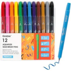 imageGrabie AquaFlex Sign Brush Pen Set of 12  Flexible Brush Tip with Waterproof Archival Ink for Calligraphy Journaling Drawing ampamp Illustration  Vibrant QuickDrying NonToxic ampamp SmudgeProof